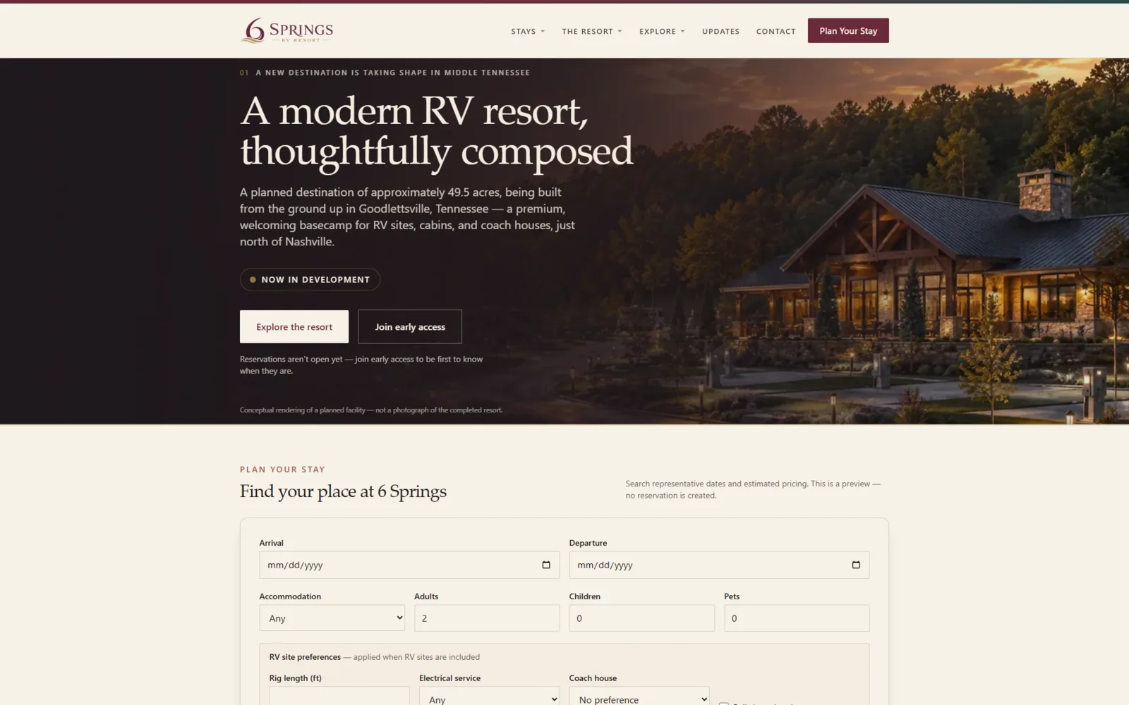 Website screenshot — 6 Springs RV Resort, an RV resort site launching soon