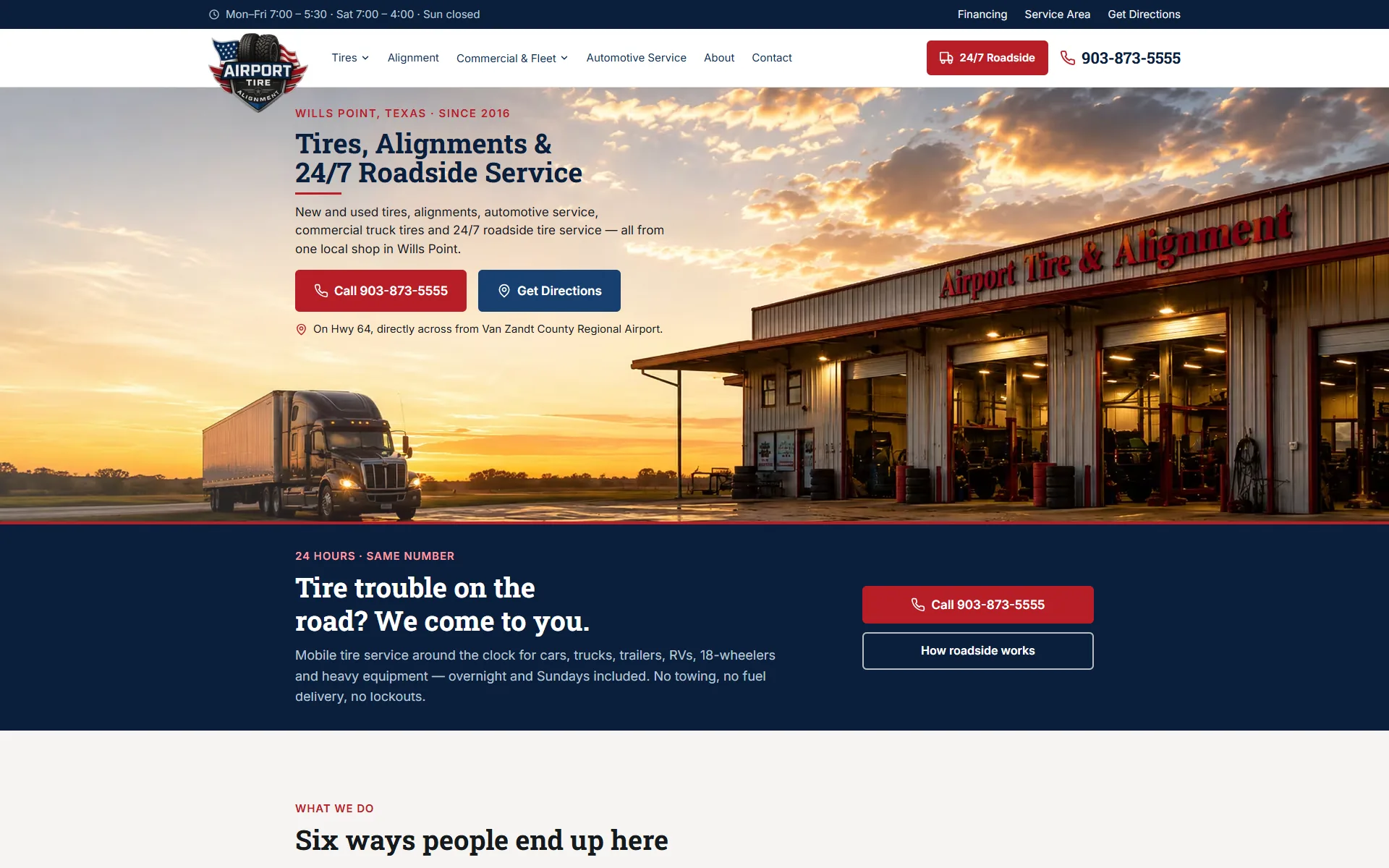 Airport Tire & Alignment homepage — tires, alignments and 24/7 roadside service in Wills Point, Texas, with the shop pictured at sunset and a mobile tire service call-to-action below