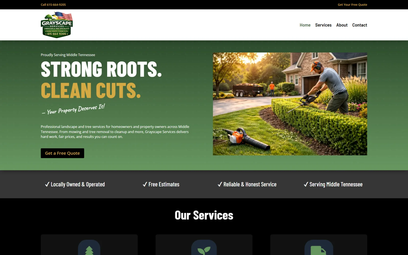Website screenshot — Grayscape Services LLC, a Middle Tennessee landscaping and tree service