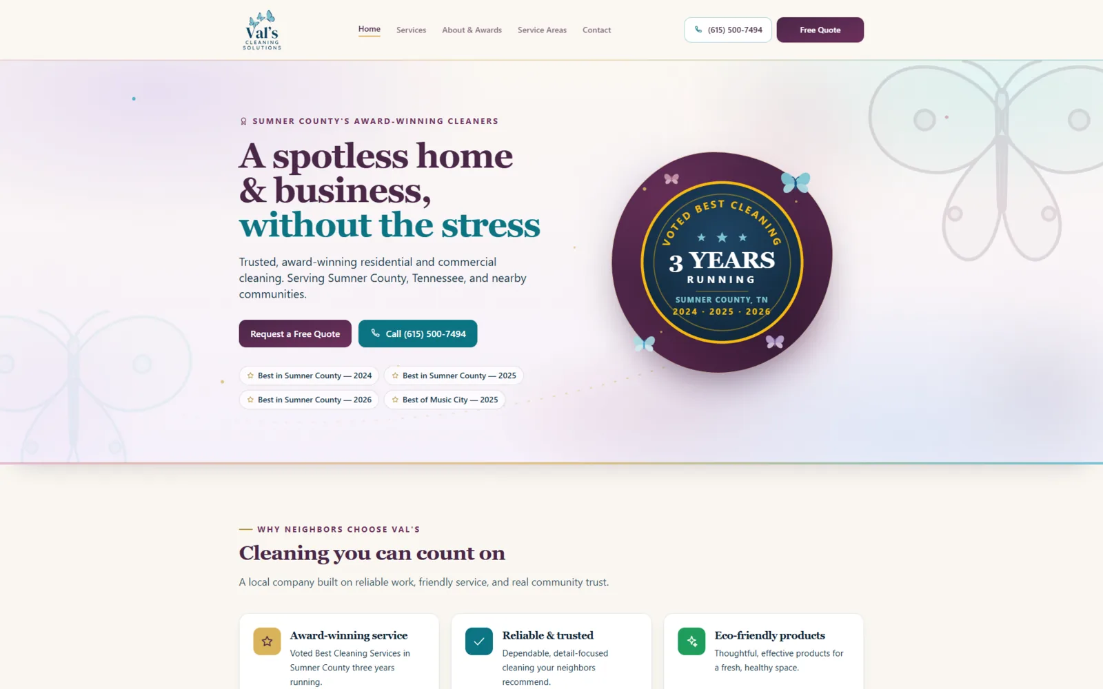 Website screenshot — Val’s Cleaning Solutions